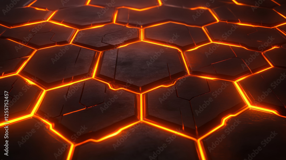 Poster futuristic design featuring dark hexagonal shapes with glowing orange lines, creating striking visua