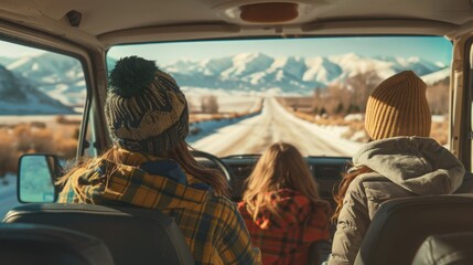 Fototapeta premium Family on a road trip, traveling in a minivan along scenic routes.