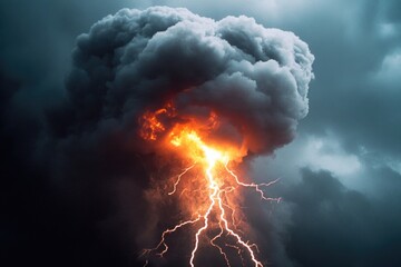 Clouds gather before a storm, with lightning flashing across the sky