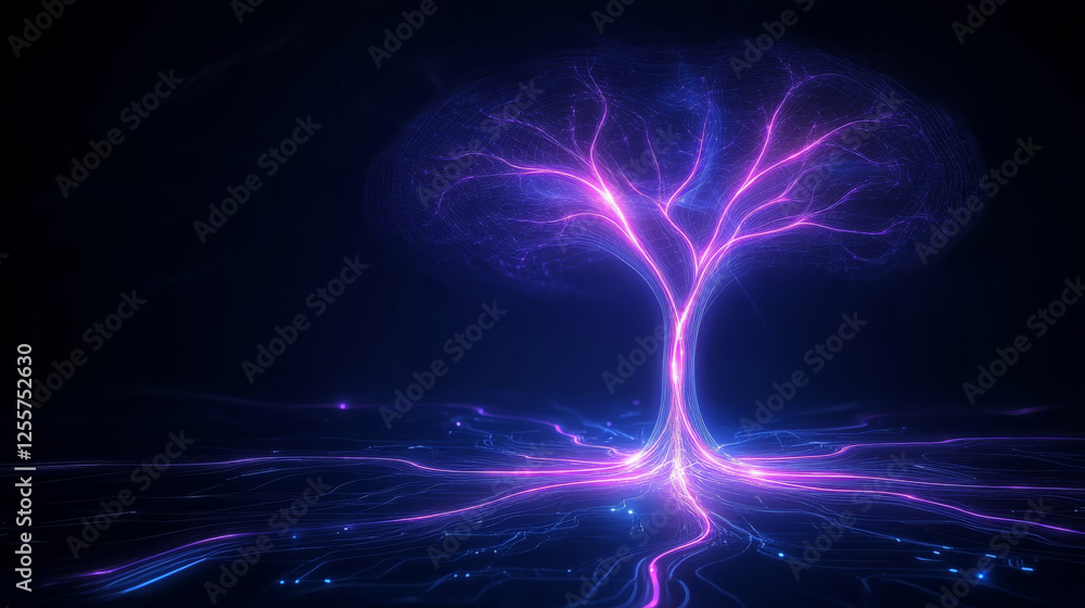 Poster futuristic tree glowing with soft radiant light, showcasing intricate branches and roots in dark env