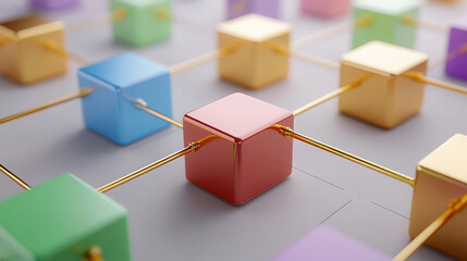 Colorful cubes connected by golden rods create vibrant geometric arrangement, showcasing playful and modern design. This captures sense of creativity and innovation