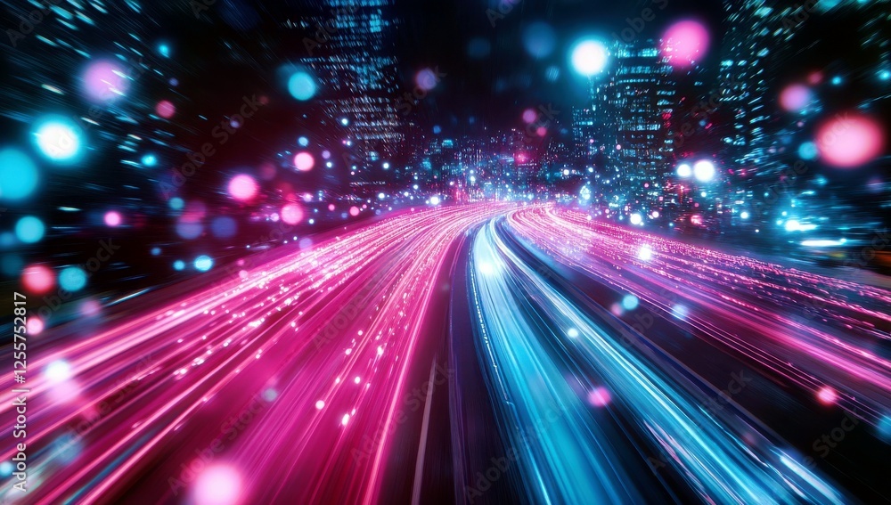 Poster vibrant night cityscape with colorful lights and speeding traffic creating dynamic motion blur effec