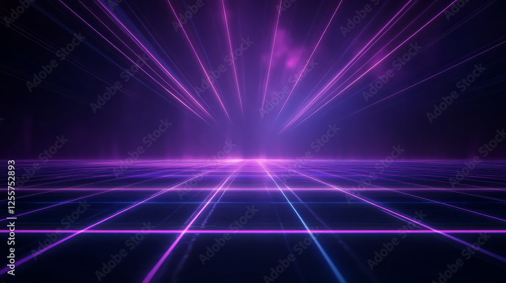 Poster glowing colorful background with laser beams radiating from central point, creating vibrant and dyna