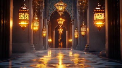 3D render of an Arabic themed product display background for advertisement featuring a moon stars and an Arabic lamp