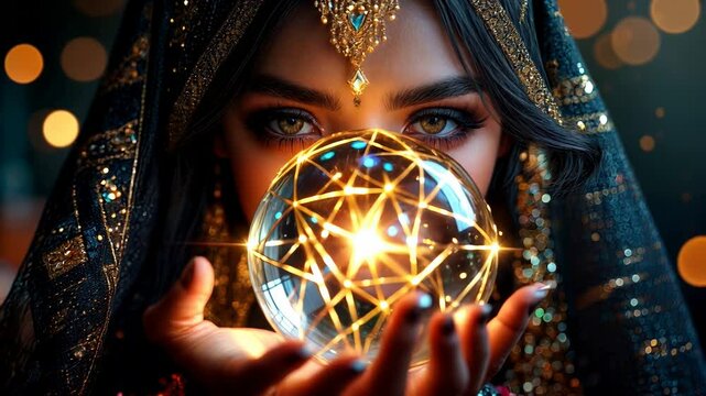 A beautiful mysterious fortune teller with piercing eyes predicts fate on a magic ball