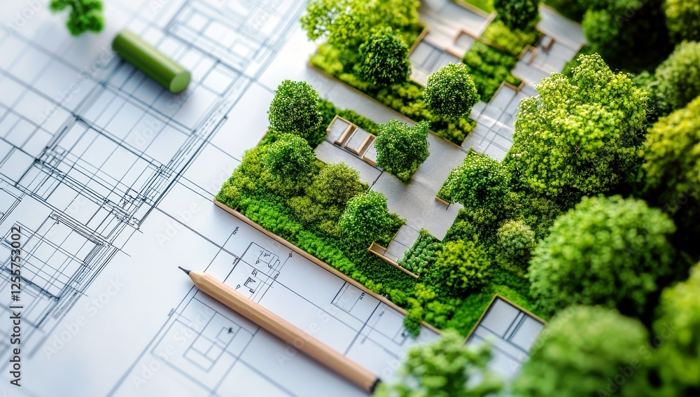 Poster eco-friendly landscape design model with green trees and planning document on table for sustainable 