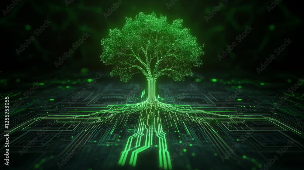 Poster glowing tree with luminescent branches stands on digital circuit background, symbolizing fusion of n