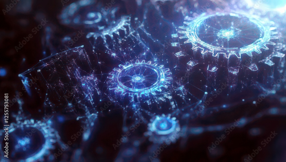 Poster intricate digital gears and cogs in a futuristic network design representing technology and innovati