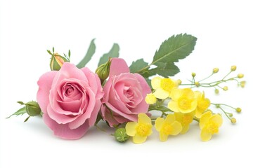 Fototapeta premium A beautiful arrangement of pink roses and yellow flowers in a bouquet