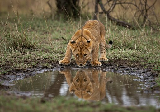Lion cub gazing at reflection in savanna puddle.