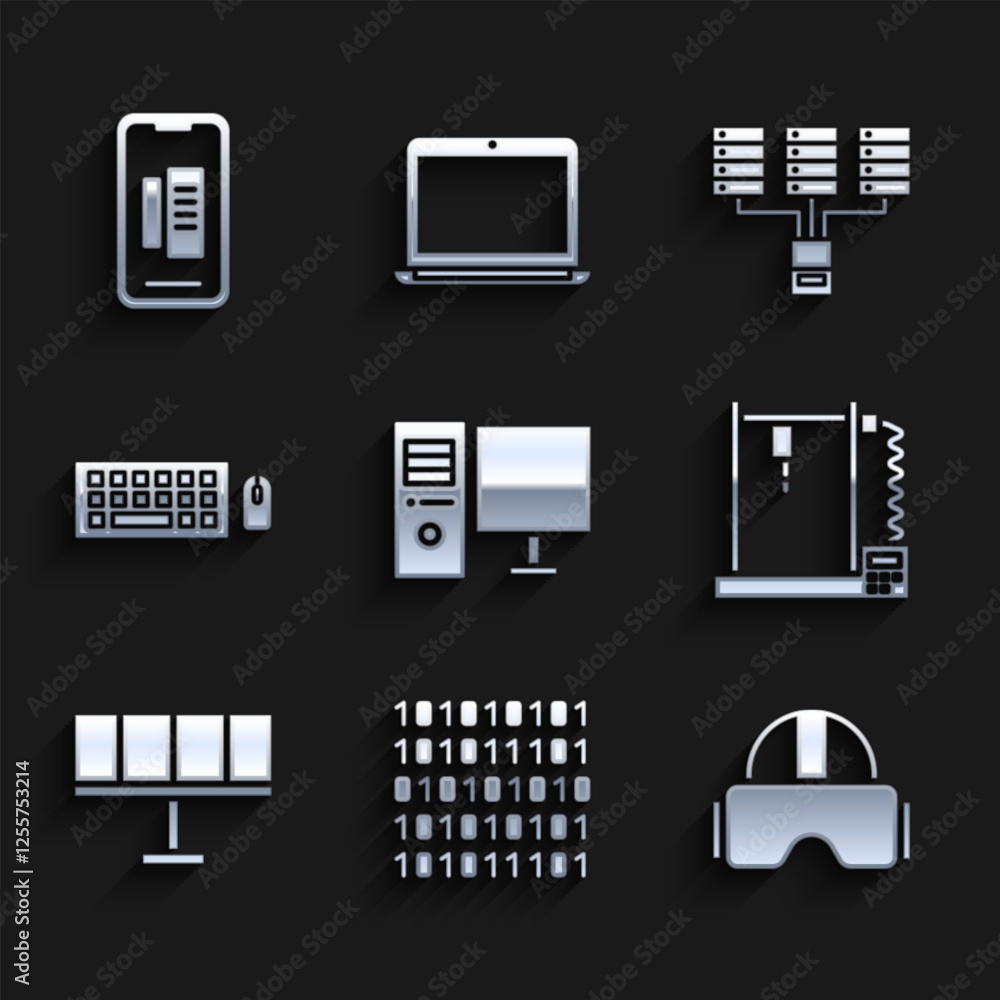 Poster set computer monitor, binary code, virtual reality glasses, 3d printer, solar energy panel, keyboard