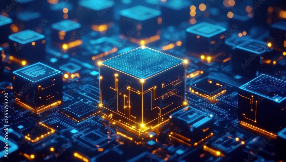 Poster futuristic computer microchip in a high-tech circuit board with illuminated connections and nodes fo