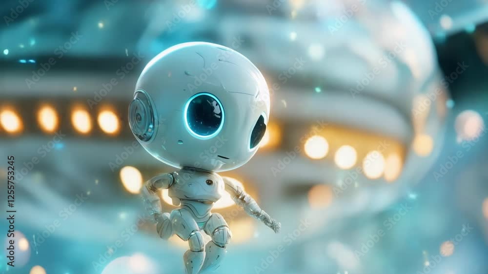 Poster futuristic robot adventuring amid floating lights and blurry background in dreamlike sci-fi scene.