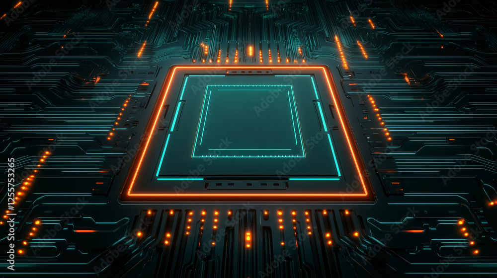 Poster highly detailed shot of microchip embedded in circuit board, showcasing intricate patterns and glowi