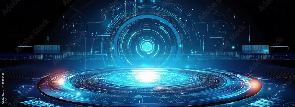 Poster futuristic digital interface with glowing blue elements and intricate patterns designed for technolo