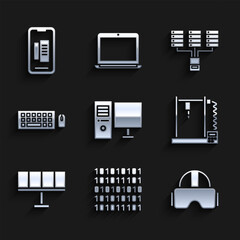 Set Computer monitor, Binary code, Virtual reality glasses, 3D printer, Solar energy panel, Keyboard and mouse, Server, Data, Web Hosting and Smartphone, mobile phone icon. Vector