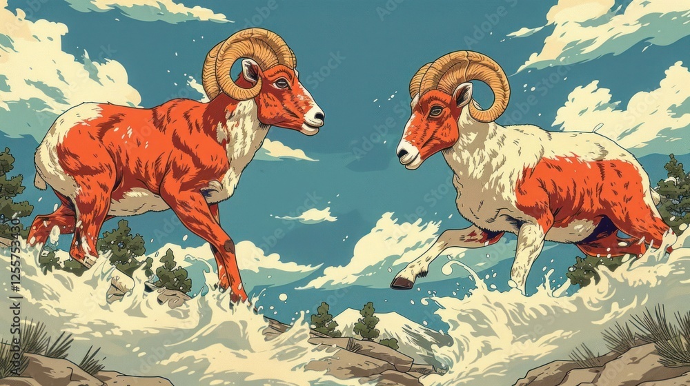 Poster two stylized rams in vibrant colors splashing through water, showcasing dynamic movement.