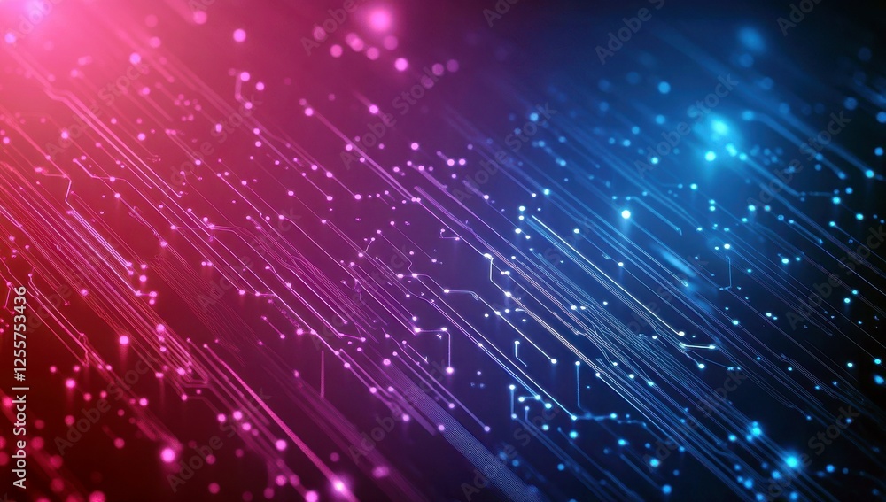 Poster abstract technology background with bright red and blue light trails in a digital network environmen