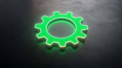 high tech neon green cog icon on dark surface, symbolizing innovation and technology. This vibrant design captures attention and represents modern engineering concepts