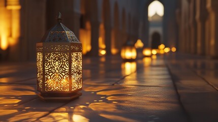 3D render of an Arabic themed product display background for advertisement featuring a moon stars and an Arabic lamp