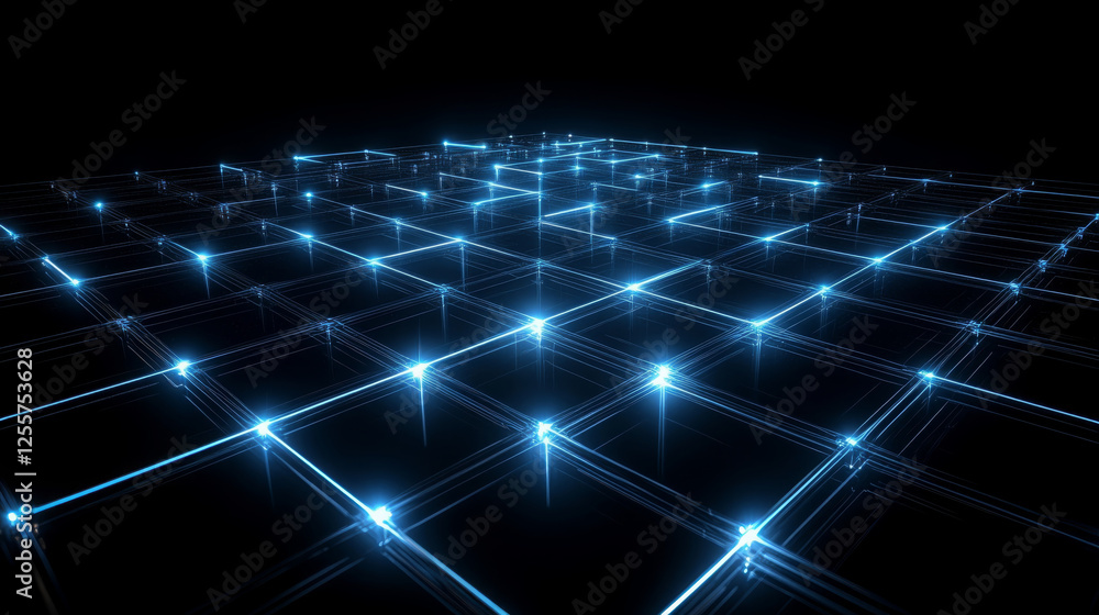 Poster high tech digital grid with glowing blue lines creating futuristic pattern. illuminated intersection