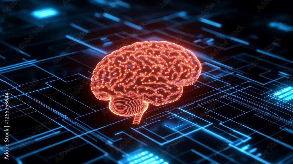 Poster high tech digital representation of human brain with glowing circuits, symbolizing advanced technolo