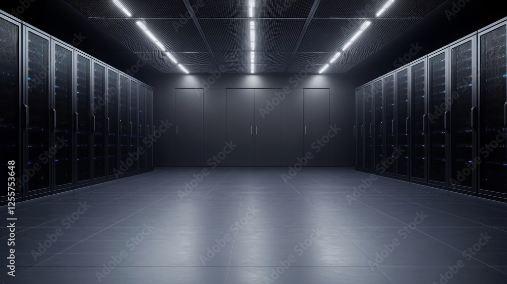 Poster high tech digital server room with rows of data storage cabinets, illuminated by bright overhead lig