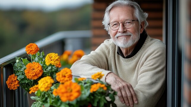A joyful older man leans on a balcony railing, surrounded by bright yellow flowers. The scene captures a relaxed moment filled with warmth and cheer