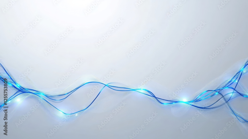 Poster minimalist grey backdrop features series of glowing blue waves, creating serene and modern atmospher