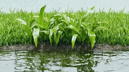 Fototapeta premium Spring Rain on Fresh Green Grass with Water Reflection in a Natural Setting