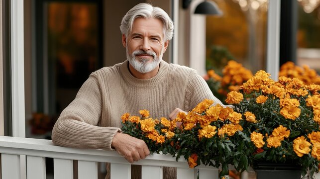 A joyful older man leans on a balcony railing, surrounded by bright yellow flowers. The scene captures a relaxed moment filled with warmth and cheer.