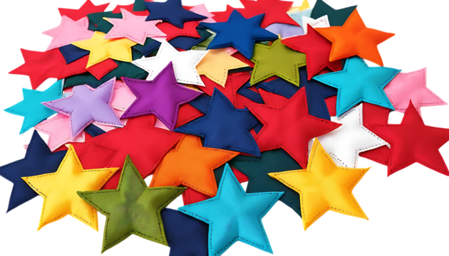Colorful fabric star patches in a variety of bright colors arranged in a cluster png 