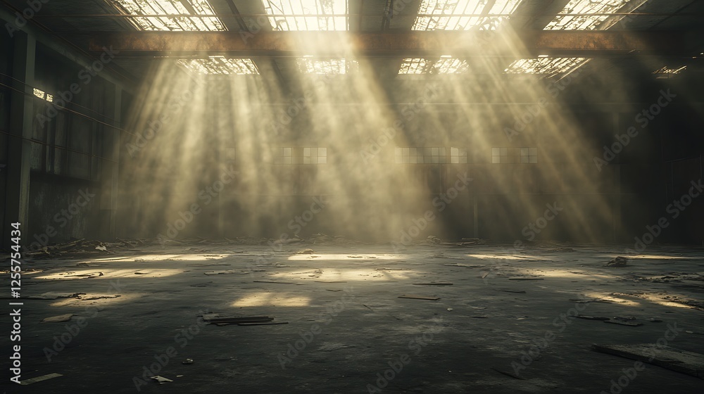 Poster A dimly lit space with beams of sunlight piercing through dusty air, illuminating a neglected floor scattered with debris.