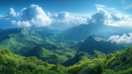 Naklejka premium Panoramic View of Beautiful Green Mountains with Clouds in Sky, High-Resolution Photography, High Quality and Detail, HDR, High-Angle Shot, Wide-Angle Lens, Blue Tones, Natural Light, Majestic Scenery