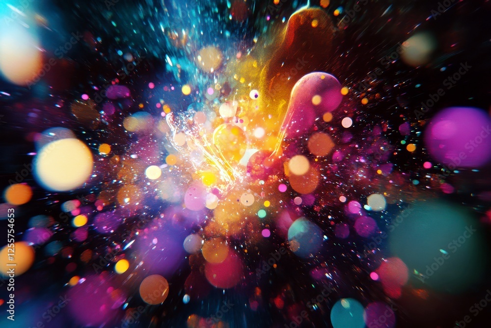 Poster colorful explosion of abstract light and shapes in a vibrant, cosmic background featuring blurred do
