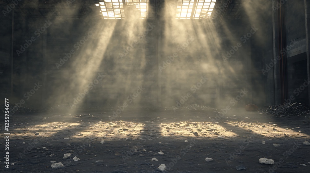 Leinwandbilder A sunlit, dusty space with rays of light filtering through a window, creating an atmospheric and moody ambiance.