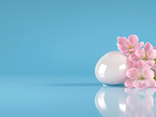 Spring Freshness with Cherry Blossom and White Egg on Blue Background for Nature and Seasonal Inspiration