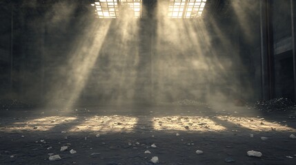A sunlit, dusty space with rays of light filtering through a window, creating an atmospheric and moody ambiance.