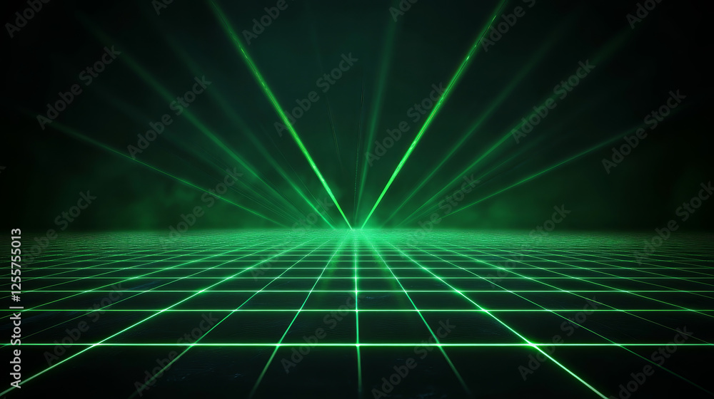 Poster striking green laser background with grid pattern, creating futuristic atmosphere. vibrant rays eman