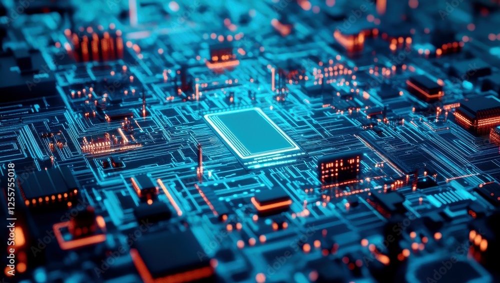 Poster futuristic digital circuit board with glowing elements and complex patterns showcasing technology an
