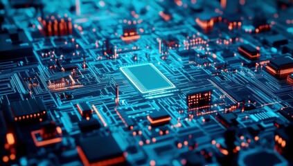 Obraz premium Futuristic Digital Circuit Board with Glowing Elements and Complex Patterns Showcasing Technology and Innovation in Modern Computing Environments
