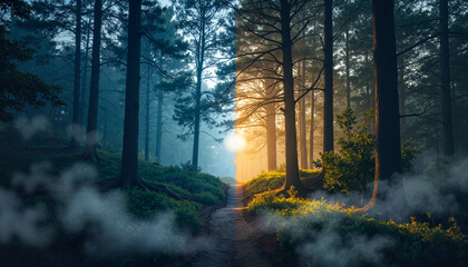 Obraz premium Divine transition between day and night in mystical forest, harmony