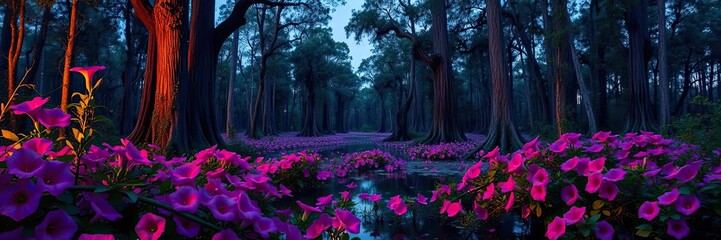 Fototapeta premium Enchanting Purple Flowers in Dark Forest Magical Nature Scene