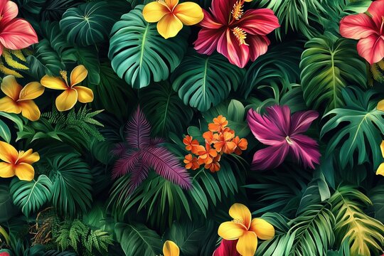 Lush tropical botanical pattern with exotic flowers and foliage