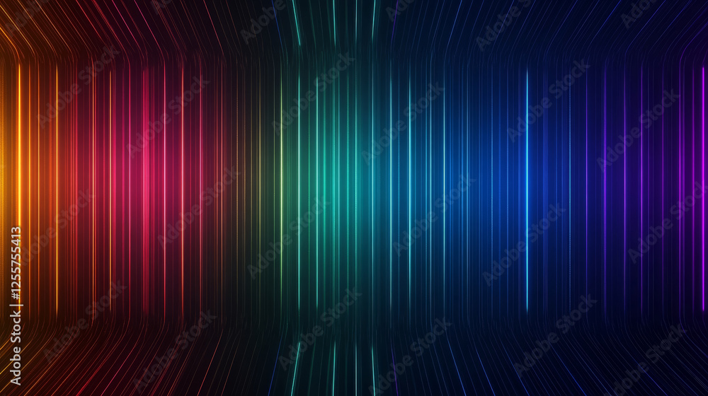Poster vibrant digital background featuring colorful vertical lines in gradient of hues from orange to blue