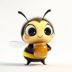 Obraz premium Cute bee holding honey jar, adorable cartoon character, studio shot, for kids, and educational purposes