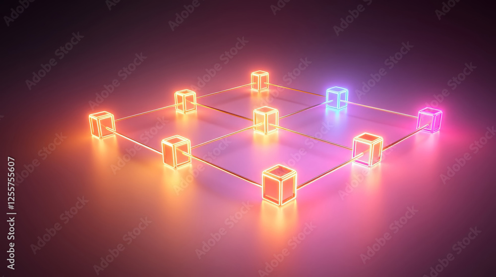 Poster vibrant 3d rendering of glowing multicolored cubes connected by lines, creating futuristic network d