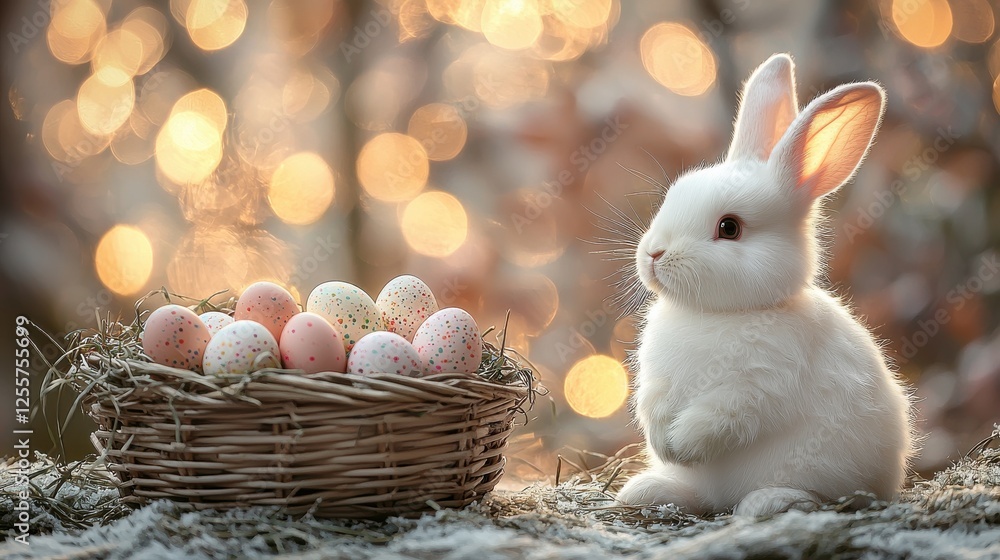 Poster white rabbit beside a basket of pastel eggs in a spring setting with soft bokeh background