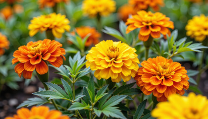 Colorful marigolds blooming in spring garden, vibrant flower planting