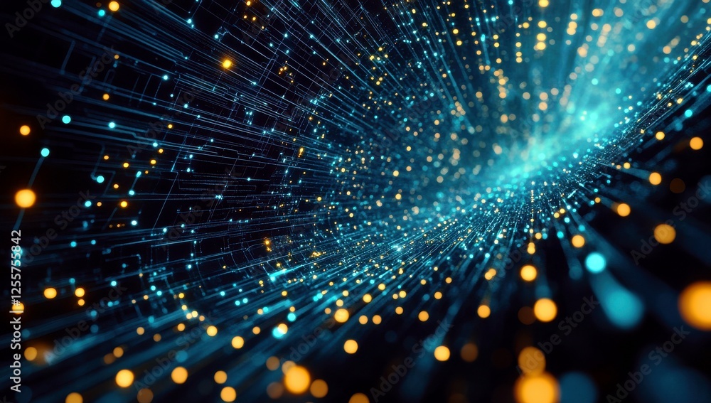 Poster abstract digital visualization with glowing dots and lines creating a sense of depth in a dark backg